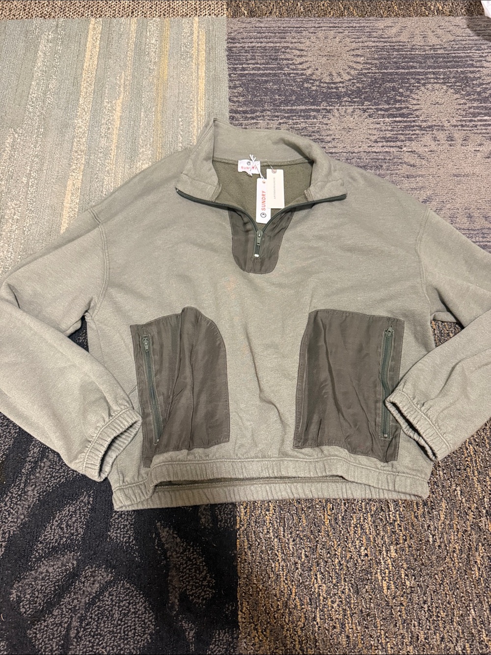 Sundry Olive Green Half-Zip Pullover with Darker Pocket Accents